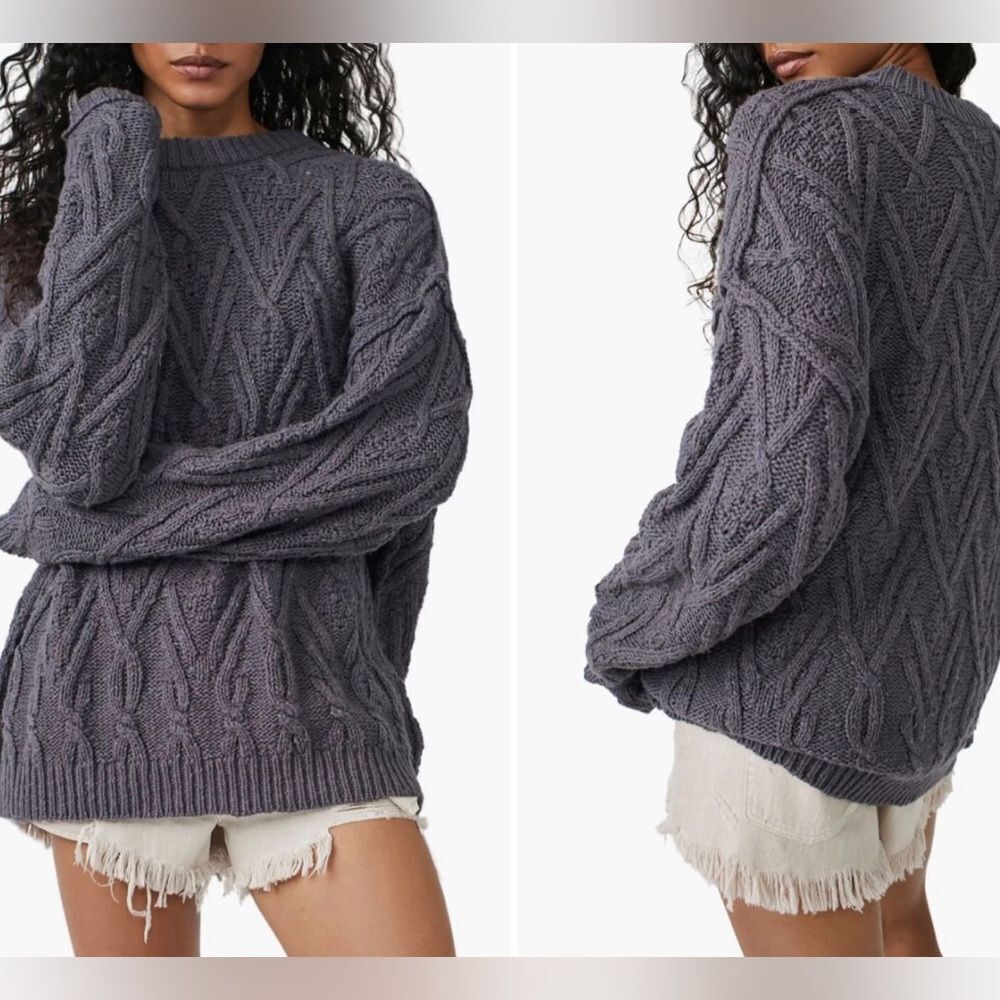 Free People Isla Cable knit crew Tunic sweater chunky oversize slouchy gray M